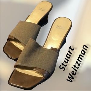 NEW! STUART WEITZMAN Sandals Mesh Micro & Leather Upper Slide Wedge Tan Size 5.5